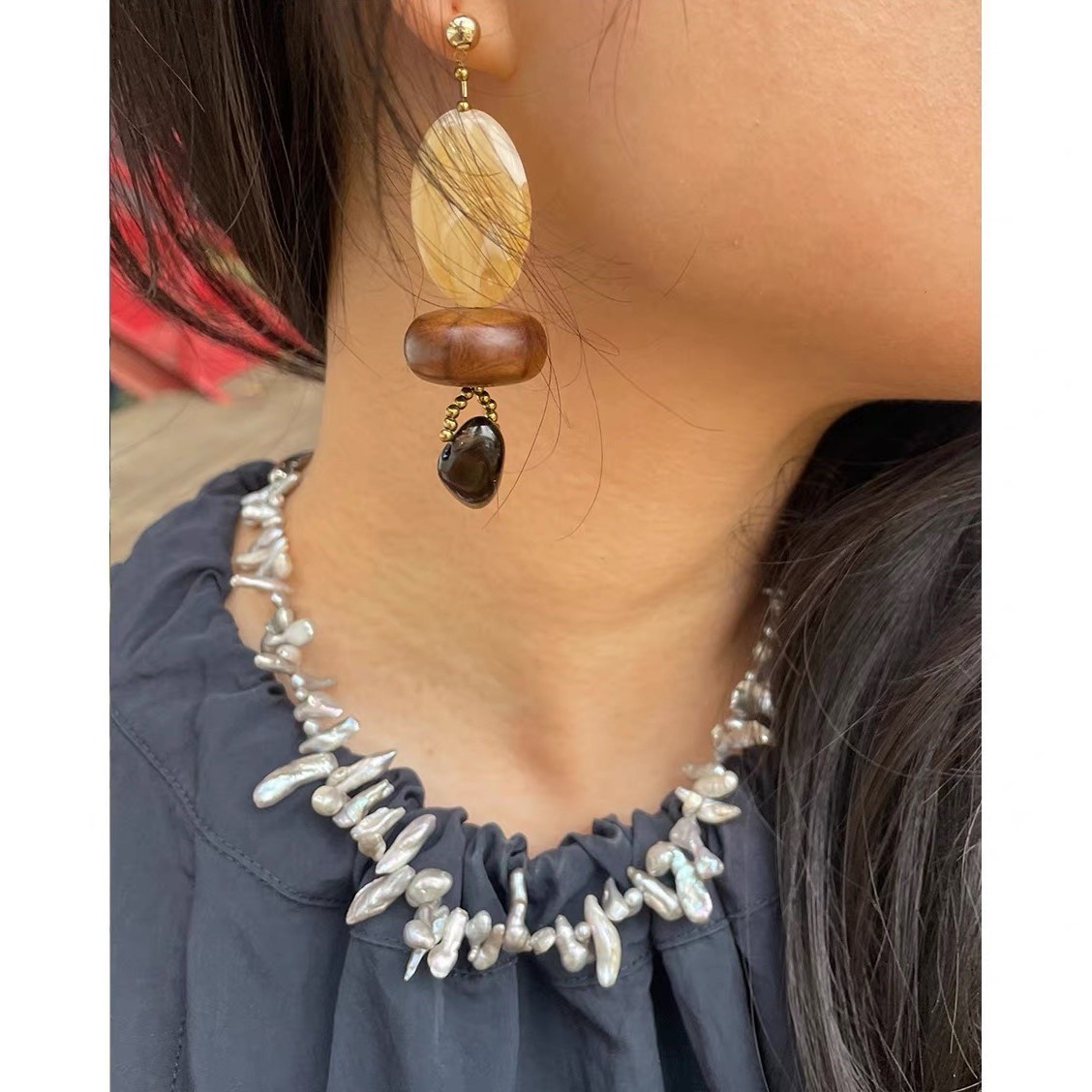Pearl Choker Necklace Vintage - Bohem Barok İnci Choker Kolye, Reçine